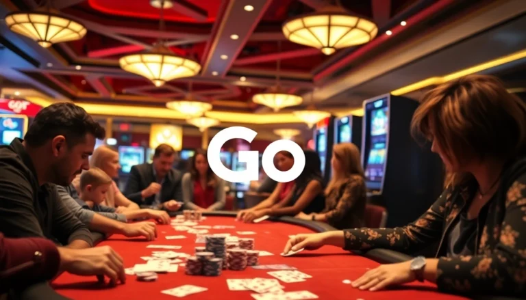 Go8 logo displayed in a lively casino during an intense poker game, highlighting the thrill of gambling.