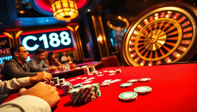 C168 Casino Nights vibrant atmosphere with poker chips and roulette wheel.