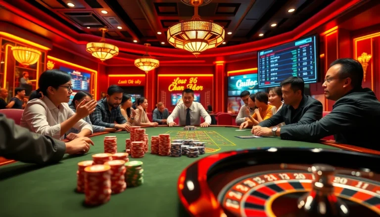 Experience the thrilling ambiance of Trang Chủ UU88 with vibrant casino gaming elements, showcasing a poker table with colorful chips.