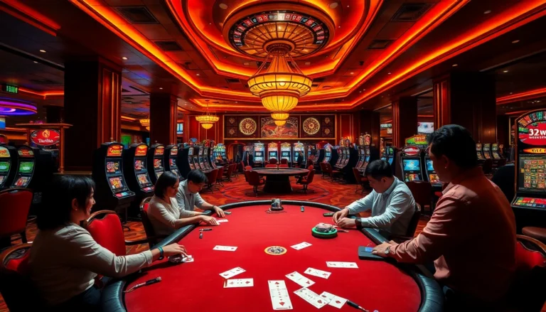 Experience the thrill of gambling at Trang Chủ 32win's vibrant casino, featuring poker tables and slot machines.