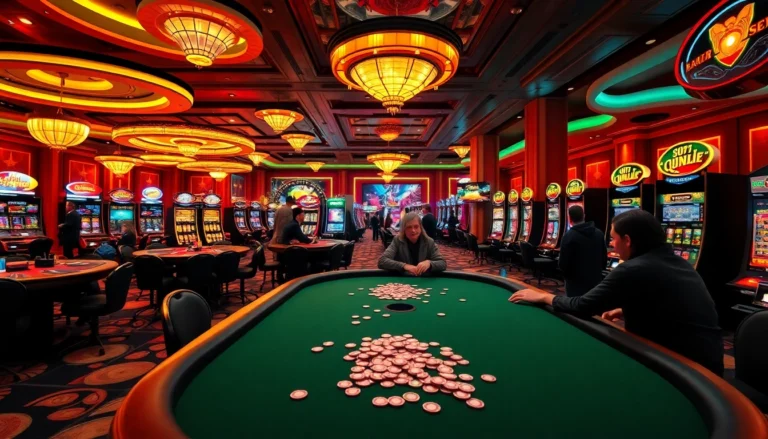 Explore f88bet's thrilling casino experience featuring exciting poker tables with vibrant chips and lively players.