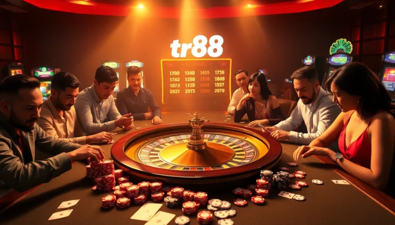 Experience the thrill of gameplay at tr88's vibrant casino tables with players enjoying poker and roulette.
